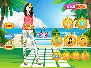 Tropical Trends Dress Up game screenshot showing a female character styled in colorful summer clothes and accessories, beach fashion online game on PlayArcadeHub.