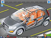 Cutaway Car Escape free online puzzle game screenshot showing a car chassis with the internal parts visible and a cat inside