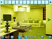 Wow Office Lounge Escape game screenshot showing a dark, empty office lounge with a mysterious door and scattered puzzle clues, free online point-and-click game