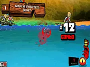 The piranha from Feed Us: Pirates! swimming under a wooden pirate ship in a tropical, blood-splattered ocean scene.