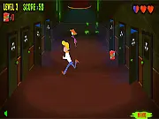 Screenshot of Scooby-Doo Hallway of Hijinks game showing Shaggy and Scooby-Doo running past open doors while a monster chases them down the hallway