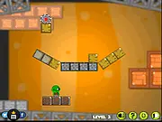 Screenshot of I Saw Them free online physics puzzle game, showing a saw blade rolling towards zombies after a block is removed