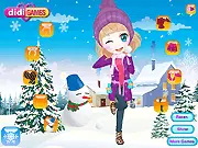 Snowball Fights Dressup game screen showing a character wearing a warm winter coat and hat ready to play in the snow