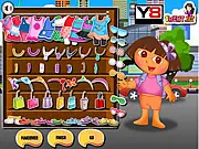 Dora the explorer character in Dora Valentine Shopping selecting a dress and accessories for Valentine's Day, play free online dress up game.