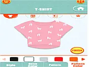 Screenshot of the game Fab Tee Designer showing a preview of a T-shirt being customized with various graphics, colors, and design elements.