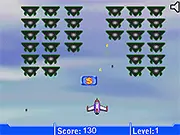 Screenshot of the Tick Plane game, a small retro aircraft flying through the sky and shooting at blocky alien spaceships. Free vertical shooter game.