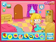 Screenshot of Valentine Surprises game showing a girl frantically tidying a room with Valentine's Day decorations before a boyfriend character arrives.