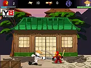 Screenshot of the action game Ninjago Legend Fighting 2 showing the ninja character Kai fighting an enemy in a forest setting.