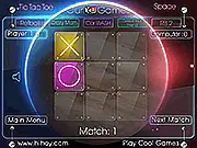 Screenshot of the free online game Tic Tac Toe - Space, showing the classic X and O grid with a colorful planet background and stars in deep space