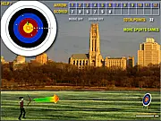 Archery 2012 game screenshot showing an arrow mid-flight toward a classic red, white, and blue target on a green field