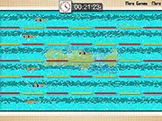 Screenshot of Swim Race game showing a swimmer in a blue pool and a timer, a free online sports and racing game on PlayArcadeHub.