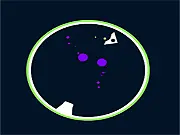 Worp game screenshot showing a spaceship in a circular galaxy avoiding giant space balls from a cannon, free online shooter.