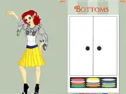 Fashion design game screen for Creature Couture showing a model wearing a custom-designed dress with fabric and pattern options