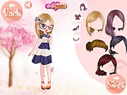 Screenshot of Skirt Ages 3 game, girl modeling different skirts, tops, and high heels, free online fashion game.