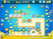 Carrot Fantasy Extreme 2 game screenshot showing a cute carrot being defended by various colorful, upgraded towers against a path of incoming sea monsters, free online tower defense game