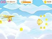 Care Bears: Hangin with Funshine game screenshot showing Funshine Bear and Wonderheart riding a yellow glider in the sky and collecting glowing stars, free online kids game