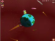 Screenshot of the arcade game Survivosaur, showing a dinosaur character shooting at a large number of falling asteroids.