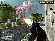 Screenshot of Military Combat 3D free online game, showing a first-person view of a soldier aiming a rifle at an enemy near a military base.