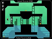 The fast-paced gameplay screen of the Twenty9 Jump and Run game, showing the character performing a triple jump over a platform to escape the blue rising water below.