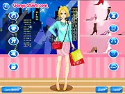 A girl character happily trying on a new stylish outfit in the fitting room of the Fashion Shopping Girl free online game