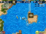 Jet Ski Racing Challenge game screenshot showing a player on a powerful jet ski speeding over a blue ocean wave next to an opponent