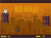 Flappy Copter Game screenshot showing a small helicopter flying between two green pipes with strange hands coming out, free online skill game challenge