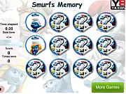 Smurfs Memory Game showing flipped cards with Smurfette and Papa Smurf icons in a free online puzzle