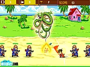Dragonball Defense game screenshot showing a legendary Dragon Ball surrounded by defensive units fighting off waves of anime-style enemies attacking from the left and right, free online tower defense game