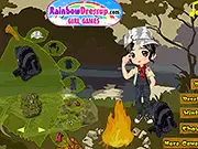 Screenshot of the Boy Scout Dress Up free online game, showing a cartoon boy scout character ready for an adventure, surrounded by icons for clothing, including a uniform, hat, backpack, and boots.
