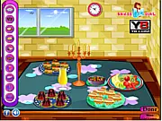 Screenshot of Holiday Tabletop Decoration game showing festive plates, silverware, and candles on a table - free online decoration game