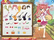 Dress up game screen for Anime School Uniforms showing a cheerful anime girl ready to be styled in different school uniform outfits