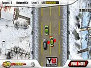 Screenshot of Winter Pursuit free online game, showing a high-speed car race on a snowy, winding track surrounded by winter trees.