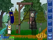 A cartoon screenshot from the Kind Knight game, showing a small, friendly knight character standing next to a character in distress, with various colorful, interactive objects scattered across the screen.