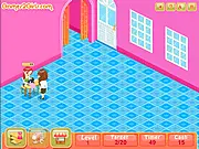 Samira's Sew Shop game screenshot showing a girl managing a busy clothing store with sewing machines and customers free online