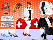 The main screen of Peppy Doctor Girl Dress Up, showing a smiling female model in a bright medical environment, ready to be styled with various doctor clothes and accessories.