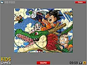 Dragon Ball Puzzle online game screenshot, showing a jigsaw puzzle of Goku and Dragon Ball Z characters, featuring 2 modes, play free on PlayArcadeHub.