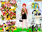 A cute cartoon girl model being dressed up with various clothes and accessories, featuring a patriotic theme in the Maryland Girl Dress Up online game