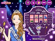 Screenshot of Miss World Makeup game showing a beautiful contestant ready for styling, with a palette of cosmetics and gowns visible, free online dress up game