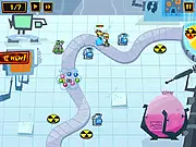 The game screen for Attack of the Johnnies showing defense towers firing projectiles at a wave of enemy invaders known as the Johnnies