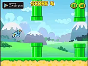 Flappy Rainbow Pony free online game screenshot showing the rainbow pony navigating between green pipe obstacles in the sky.