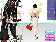 Screenshot of the Dior Autumn Dress Up game showing a model wearing a luxurious black dress, whalebone corset, and couture outerwear.