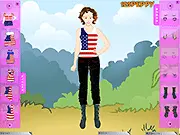 Screenshot of the USA Patriotic Dress Up game interface showing a cute model ready to be styled with American flag themed clothing and accessories