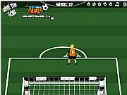 Goalkeeper Training online game image showing a pair of goalie gloves protecting a soccer goal from multiple incoming footballs on a green pitch
