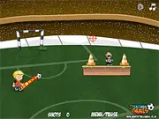 Gameplay screenshot of Referee ShotDown, showing a soccer player aiming a kick at a line of referees standing on a platform, free online physics puzzle game.