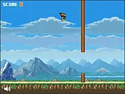 Flappy Naruto online game screenshot showing the anime character Naruto Uzumaki attempting to squeeze between two large wooden pillars in a challenging ninja survival game