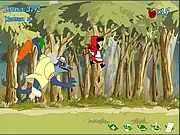 Run Red Run game screen showing a pixelated Little Red Riding Hood running through a forest path with a Big Bad Wolf silhouette visible behind her