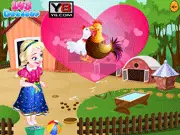 Frozen Anna's Poultry Care game screenshot, Anna tending to a hen and a rooster in a colorful farm setting, collecting eggs