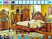 Gameplay screenshot of Wow Royal Room Escape showing a large, opulent but dimly lit room with a locked door, rich furniture, and puzzle elements