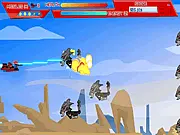 The Prodo-Jet flying through an aerial battle, engaging corrupted robot hordes in the Tenkai Knights: Race to Redemption game