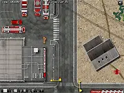 Screenshot of the Firefighters Truck 3 driving simulator game, showing a red fire engine speeding toward a fire in a city street.